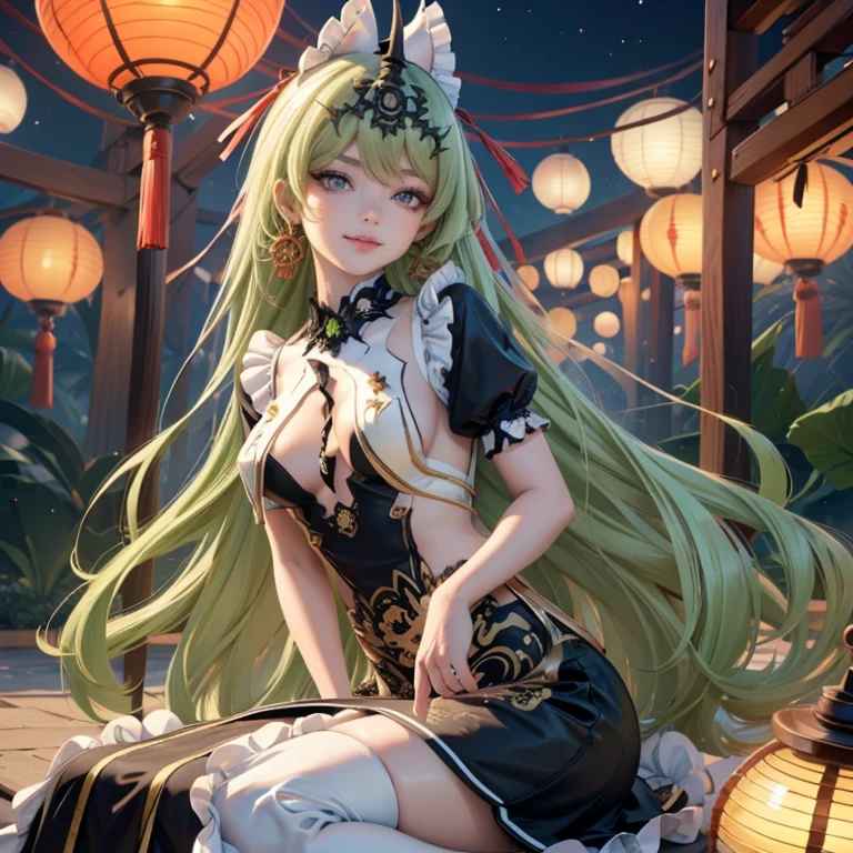 Mobius_(honkai impact 3d), ornament hair, perfectly body, perfectly hands, wave hair, light green hair, long hair, maid, maid dress, maid headdress, maid apron, garden, temple, shrine, outside, Chinese festival scenery, gold lantern, Chinese lantern, fireworks, black dress, more details on her clothes, black dress, golden details, night, smiling, ((4k, masterpiece, top-quality)),8k, best quality, high resolution, HD, (illustration:0.8), super cute girl, delicate and beautiful face, 1girl, solo, mature girl, super cute hairstyle, (beautiful detailed eyes:1.6), extremely detailed face, perfect lighting, extremely detailed CG, (perfect hands, perfect anatomy), Best quality, cleavage, skirt, full Body,