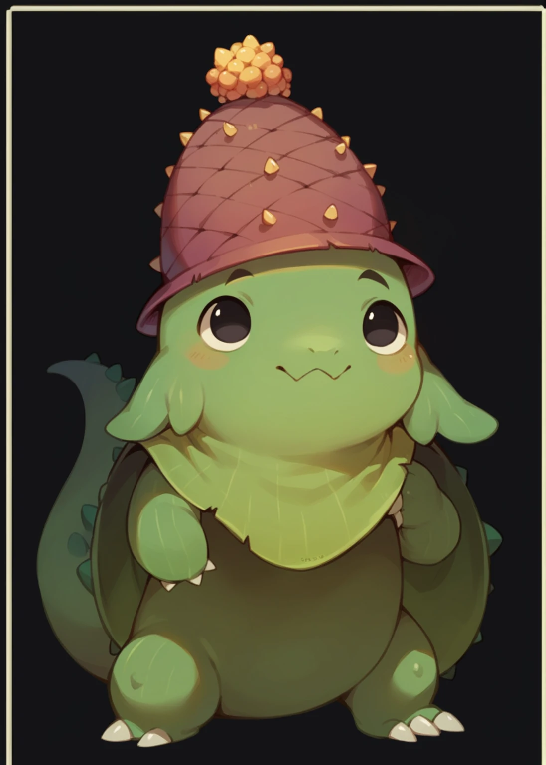 Cute cactus monster with legs with a dragon berry hat, full black eyes.