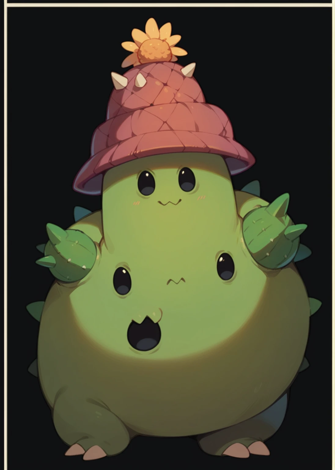 Cute cactus monster with legs with a dragon berry hat, full black eyes.