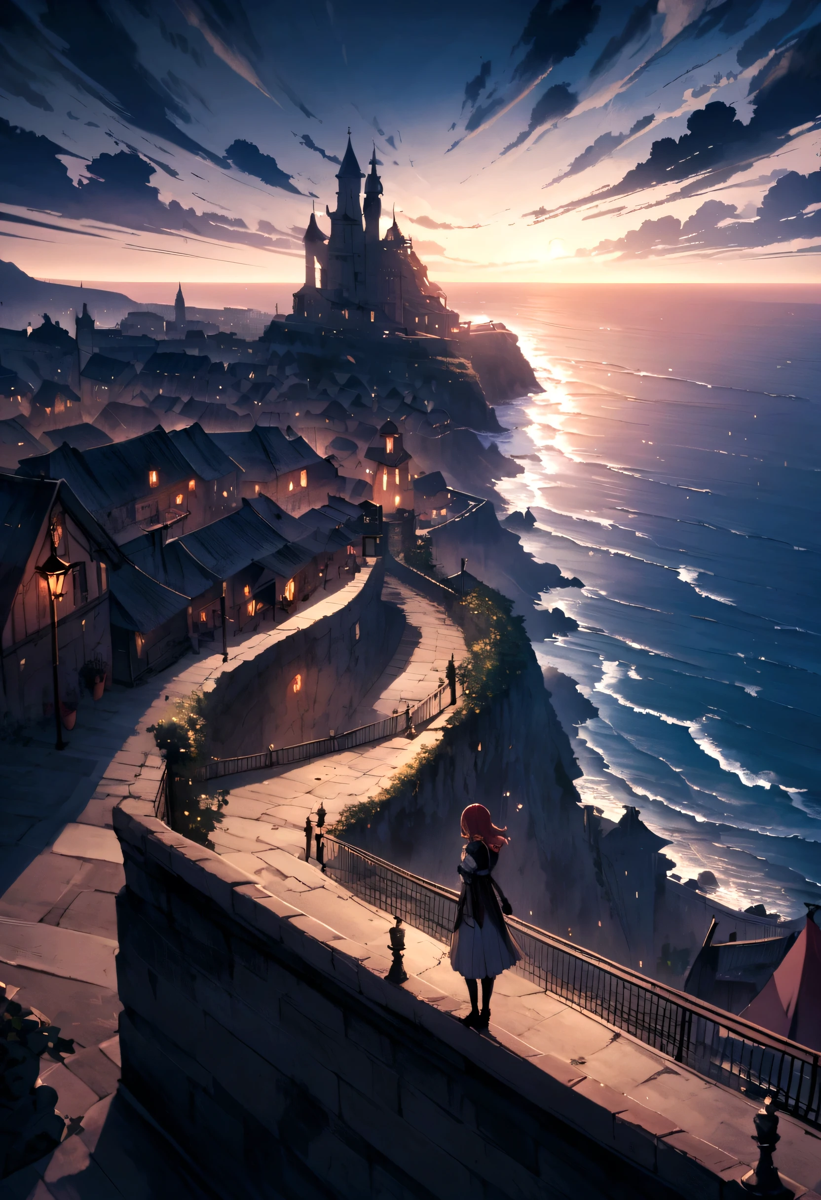 A woman standing on a cliff overlooking the ocean at sunset - SeaArt AI