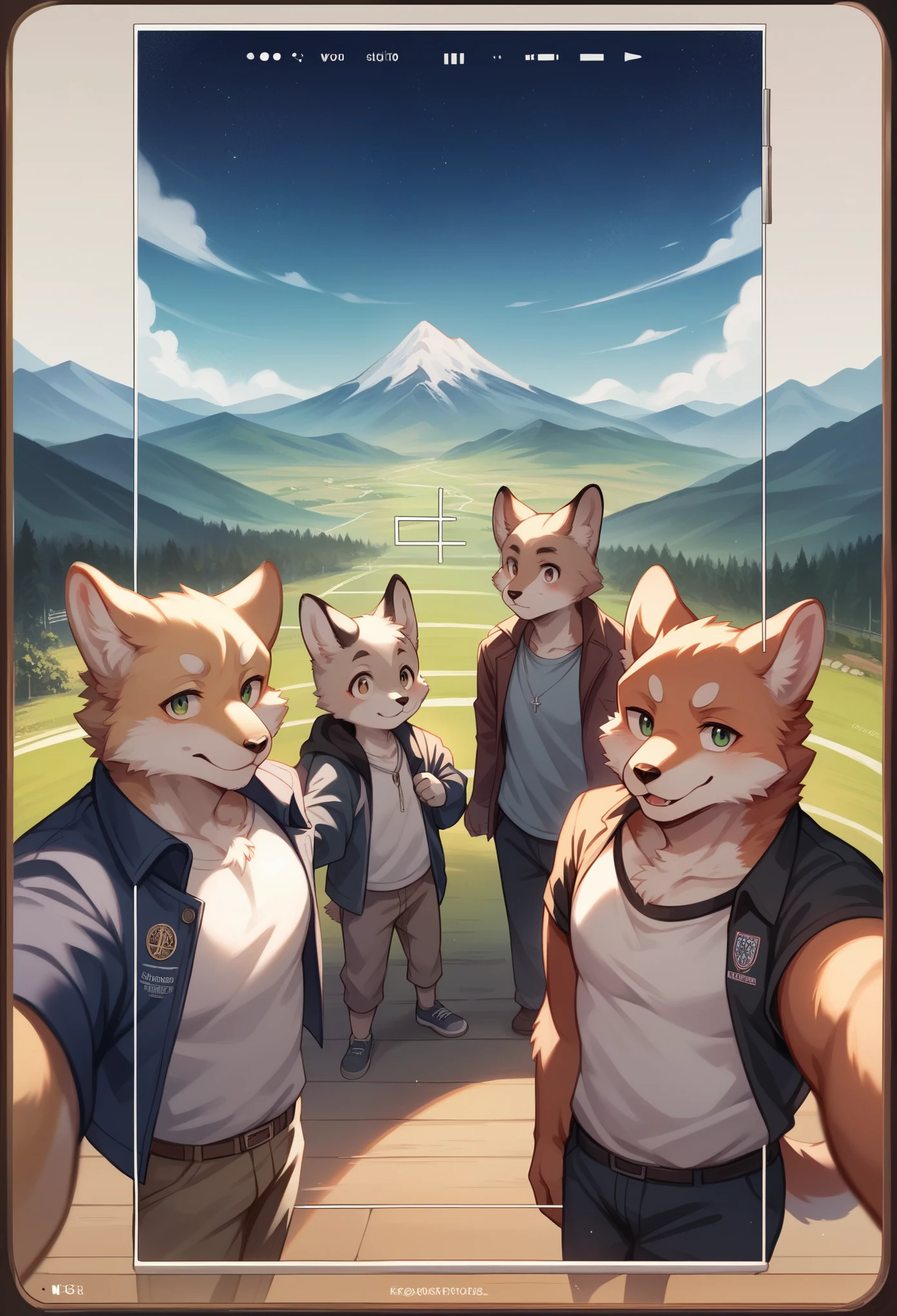 top quality, best quality, High-quality illustrations, masterpiece, super high resolution, detailed background, detailed background, Mountain railways in Switzerland, group shot, boys, girls, night sky, absurdres(highly detailed beautiful face and eyes)perfect anatomy(Photo of family trip)(kemono, furry anthro)selfie,