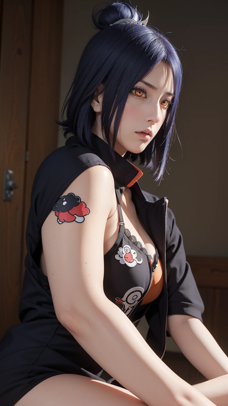 woman, woman, short hair, hair ornament, blue hair, legs , sitting on the bed , small, panties, bra, sexy body , , one flower, hair цветок, (orange eyes:1.2), (labret piercing:1.2), eyeshadow, (Akatsuki uniform:1.5), Akatsuki \(naruto\),BREAK (masterpiece:1.2), Best quality, A high resolution, unity 8k wallpaper, (illustration:0.8), (beautiful detailed eyes:1.6), very detailed face, perfect lighting, extremely detailed computer graphics, (perfect hands, Ideal Anatomy),