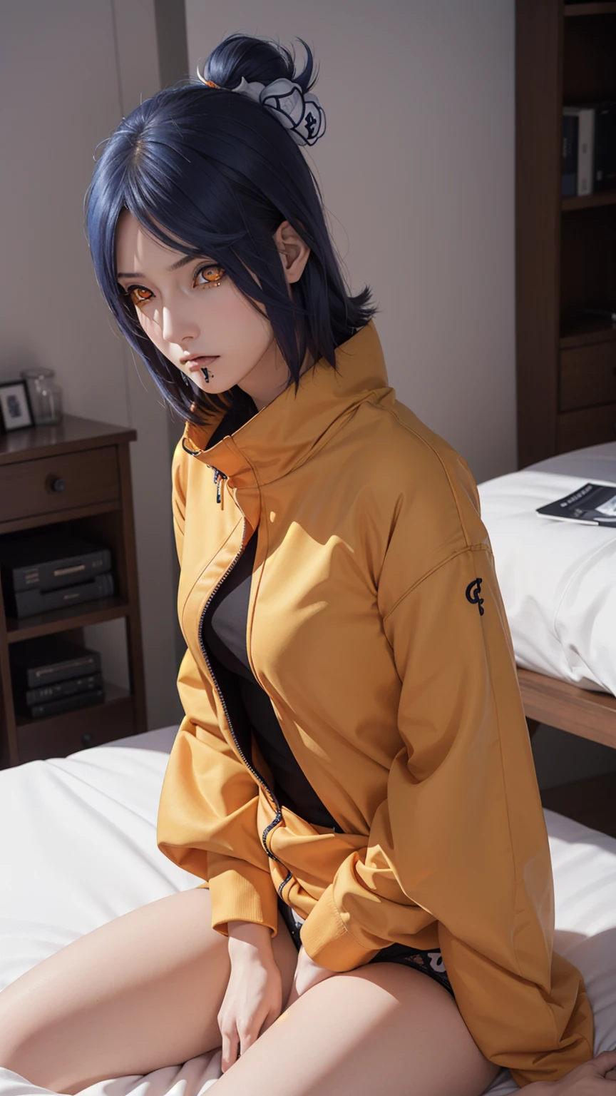 woman, woman, short hair, hair ornament, blue hair, legs , sitting on the bed , small, panties, bra, Sexual тело , underwear, Sexual , bra, panties, one flower, hair цветок, (orange eyes:1.2), (labret piercing:1.2), eyeshadow, (Akatsuki uniform:1.5), Akatsuki \(naruto\),BREAK (masterpiece:1.2), Best quality, A high resolution, unity 8k wallpaper, (illustration:0.8), (beautiful detailed eyes:1.6), very detailed face, perfect lighting, extremely detailed computer graphics, (perfect hands, Ideal Anatomy),