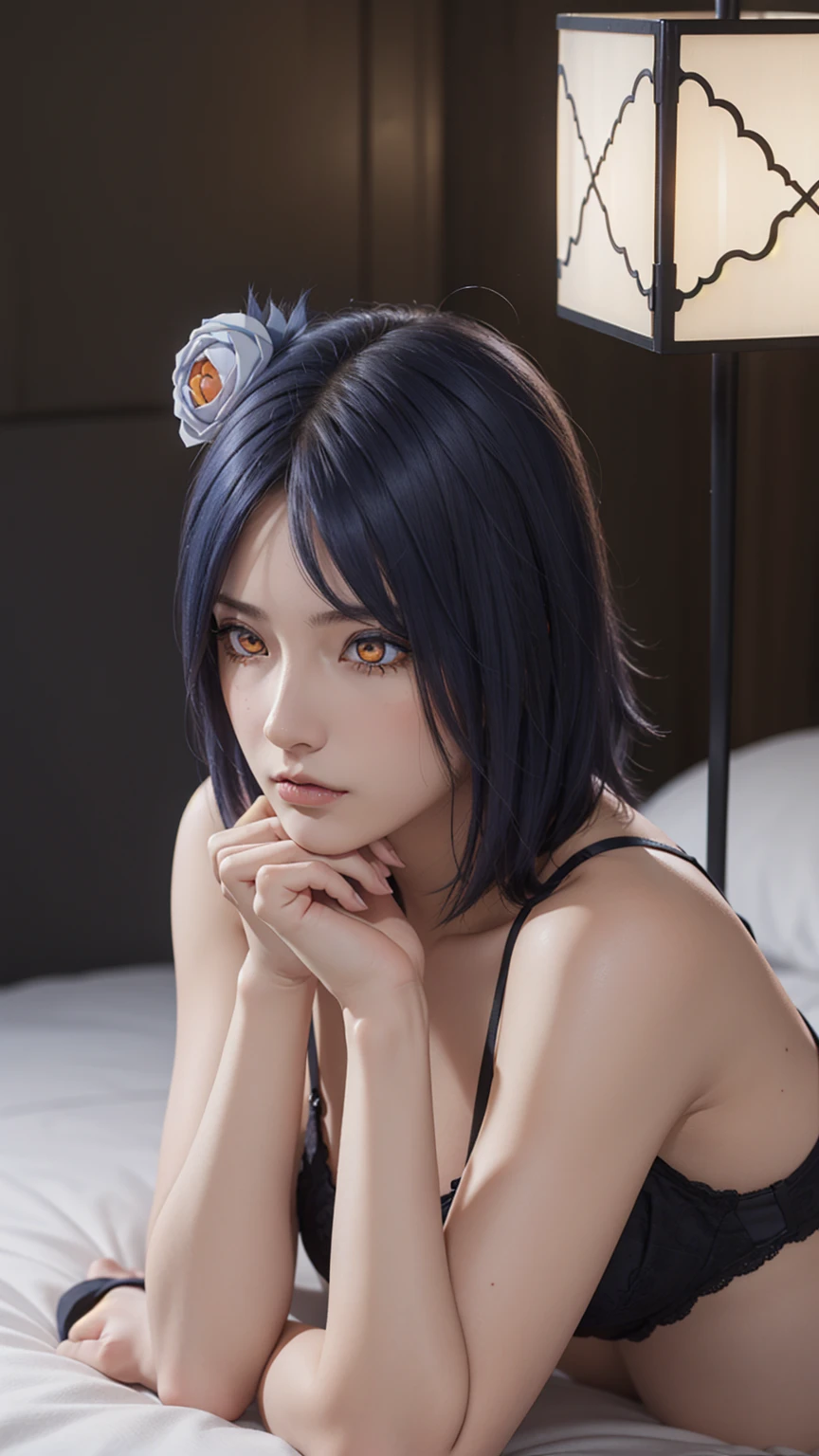 woman, woman, short hair, hair ornament, blue hair, legs , sitting on the bed , small, panties, bra, Sexual тело , underwear, Sexual , bra, panties, one flower, hair цветок, (orange eyes:1.2), (labret piercing:1.2), eyeshadow, (Akatsuki uniform:1.5), Akatsuki \(naruto\),BREAK (masterpiece:1.2), Best quality, A high resolution, unity 8k wallpaper, (illustration:0.8), (beautiful detailed eyes:1.6), very detailed face, perfect lighting, extremely detailed computer graphics, (perfect hands, Ideal Anatomy),