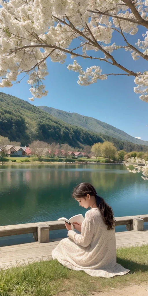 Girl reads a book by the lake, bright colors, spring, willow branches, comfort, warm sunlight