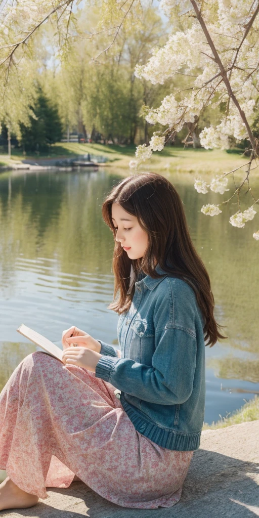 Girl reads a book by the lake, bright colors, spring, willow branches, comfort, warm sunlight