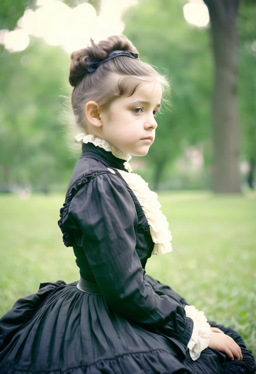 close-up, helpless shy ordinary kid, victorian hairstyle, saggy breasts, flared (Victorian outfit with flounce), deeply sitting on her back in the park, 19th century photo, deep focus, vintage film grain, color correction retro style, soft lighting, ((in victorian outfit with flounce))
