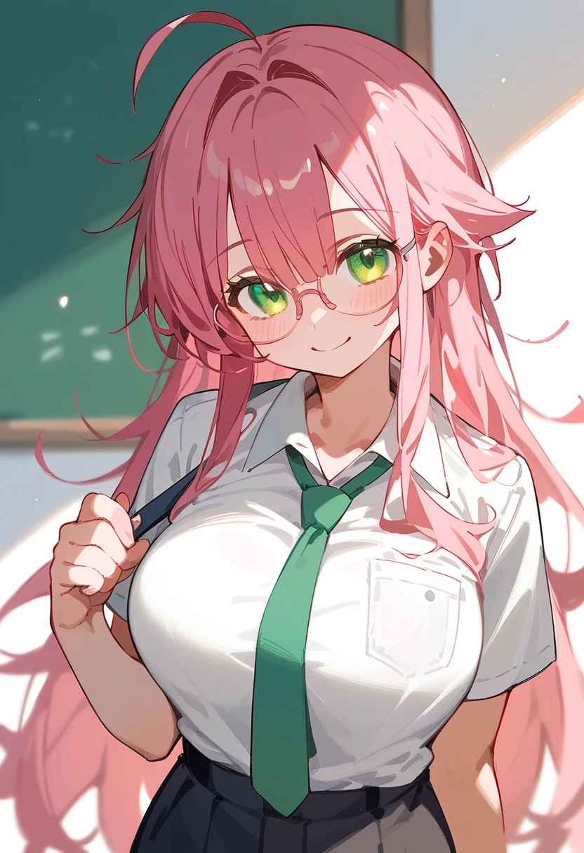 One Woman、private teacher、Big Breasts、Pink Hair、Long Hair、Straight Hair、Ahoge、Kind older sister、Pink small glasses、Green Eyes、smile、Droopy eyeature
