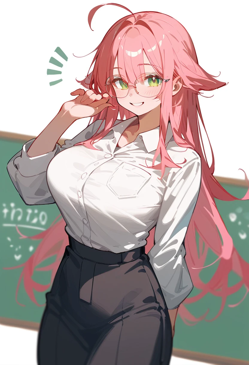 One Woman、private teacher、Big Breasts、Pink Hair、Long Hair、Ahoge、Kind older sister、Pink Glasses、Green Eyes、smile、Droopy eyeature