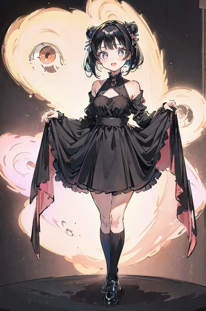 1girl, cute young woman, full body portrait, standing pose, black dress, white background, soft lighting, high detail, anime style, vibrant colors, kawaii, big eyes, cheerful expression

