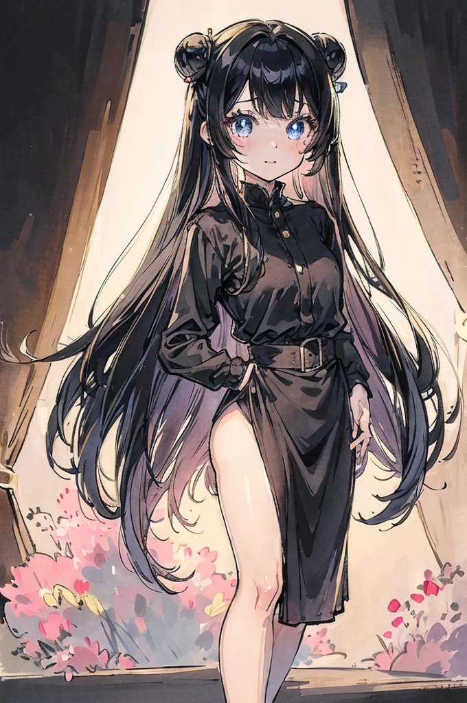 1girl, cute young woman, full body portrait, standing pose, black dress, white background, soft lighting, high detail, anime style, vibrant colors, kawaii, big eyes, cheerful expression