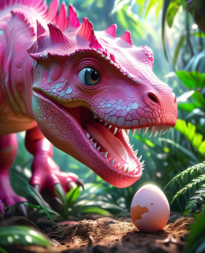 (A cute pink(Tyrannosaurus)Hatched from the egg), Beautiful and delicate eyes, Long eyelashes,Beautiful and delicate face, Extremely detailed eyes and face, Cute expression, Dense jungle background, Dreamy, Fantastic, watercolor, number, (best quality,4K,8K,high resolution,masterpiece:1.2),Extremely detailed,(Practical,photoPractical,photo-Practical:1.37),Vibrant colors,Soft lighting