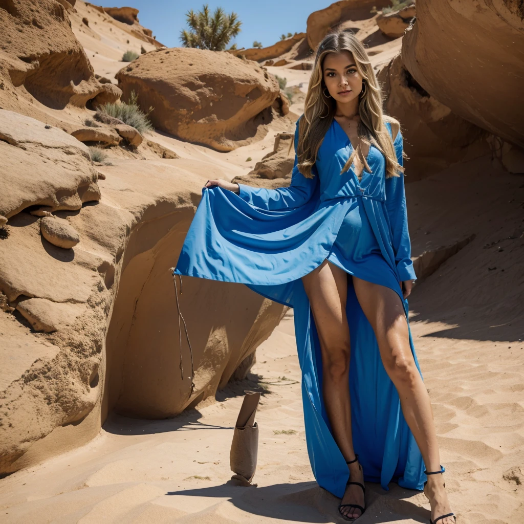 light blonde small face long hair girl wearing blue sexy dress in the desert
