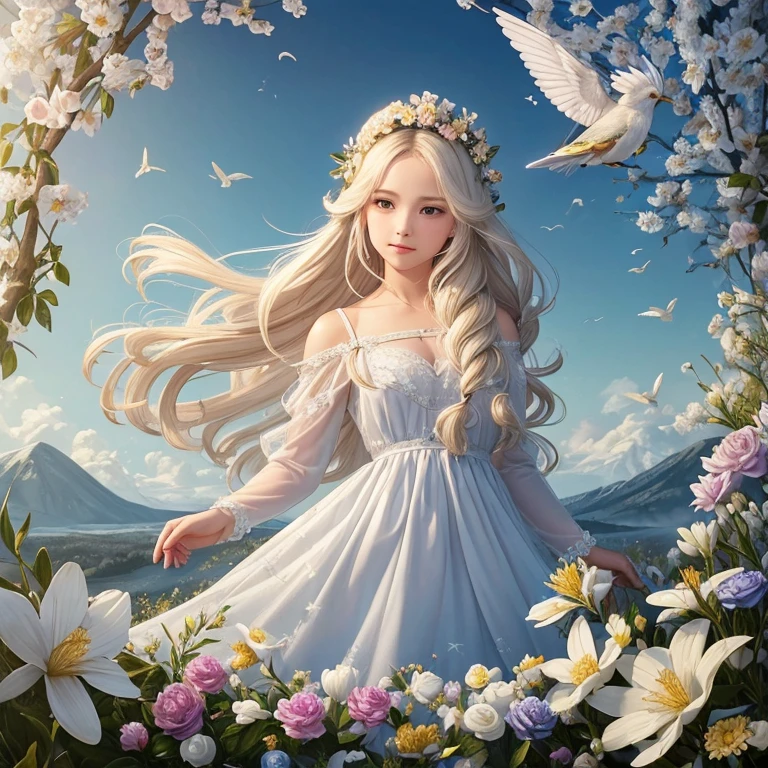frontal face,April small cute birds bring flowers and colorful feathers to her blonde/white braided hair, she looks to the camera of knowing, braided hair, bluebirds, hummingbirds, fluffy cumulus clouds, cumulonimbus, chickadees, goldfinch, swirling curling blonde/white hair, twirling, spiral, gyro, puffy fluffy, cotton candy, sunshine, mist, frost, frosty, frozen, warm, silver dress, silver gown, flashing dynamic, sound, photorealistic, hyperdetailed, glass, gems, color, 24 years woman, fairy hair, drill hair, digital sound clouds, 64k resolution, mystical art style, fun, timing, love, honesty, oil paints, new design, paper-art, spring, with the Renaissance brilliance of Leonardo da Vinci, and Michelangelo, creating a vibrant classical elegance.
