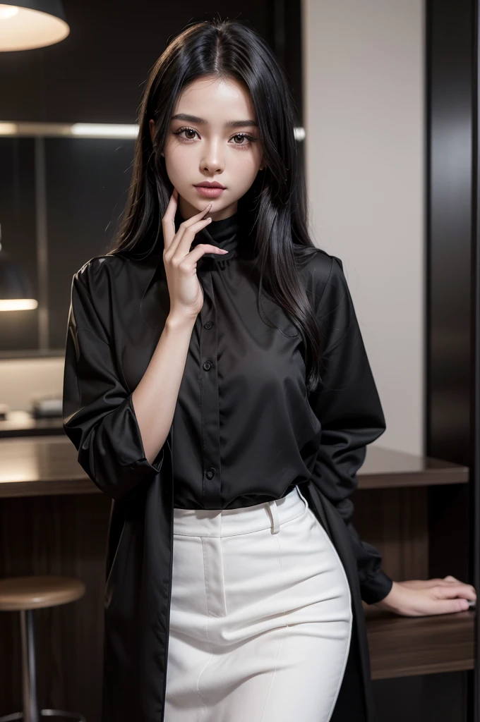 From a distance, it creates the image of a beautiful and elegant young black woman. She is young, 20 years old. She must have long, straight black hair. She is wearing a black blouse and a black jacket. She has an iPhone XS in her hand. The background is white with a modern and elegant floor lamp. She must be keeping her mouth shut, seriously. Your hand must be realistic human. Well-groomed and realistic hands. Photo with 8k quality and blur.