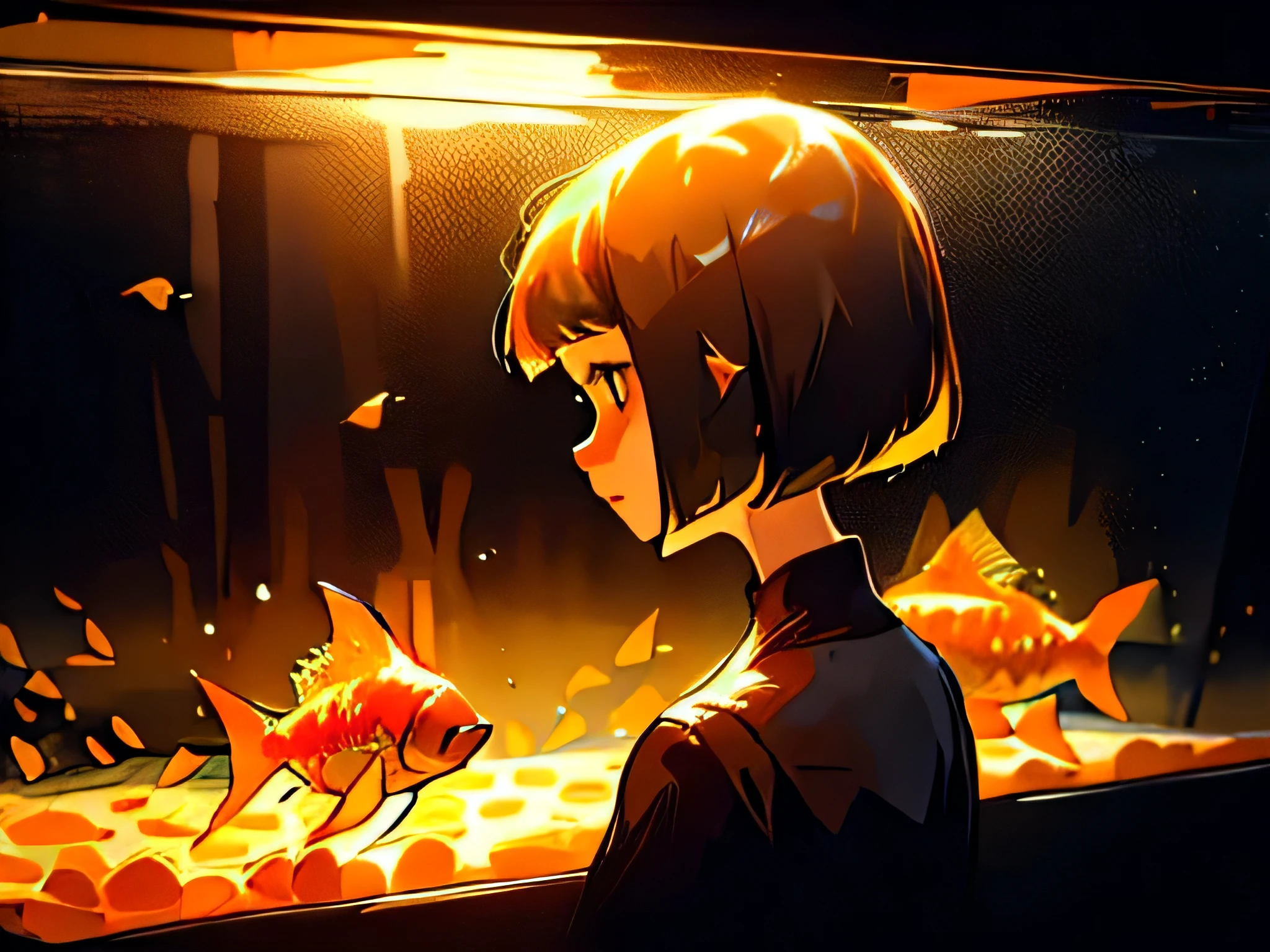A beautiful lady, bob cut hair, watching gold fish inside fish tank, gold fish watch her back, side profile, extreme detail, cinematic, cinematic lighting, bokeh, very realistic, focus on face