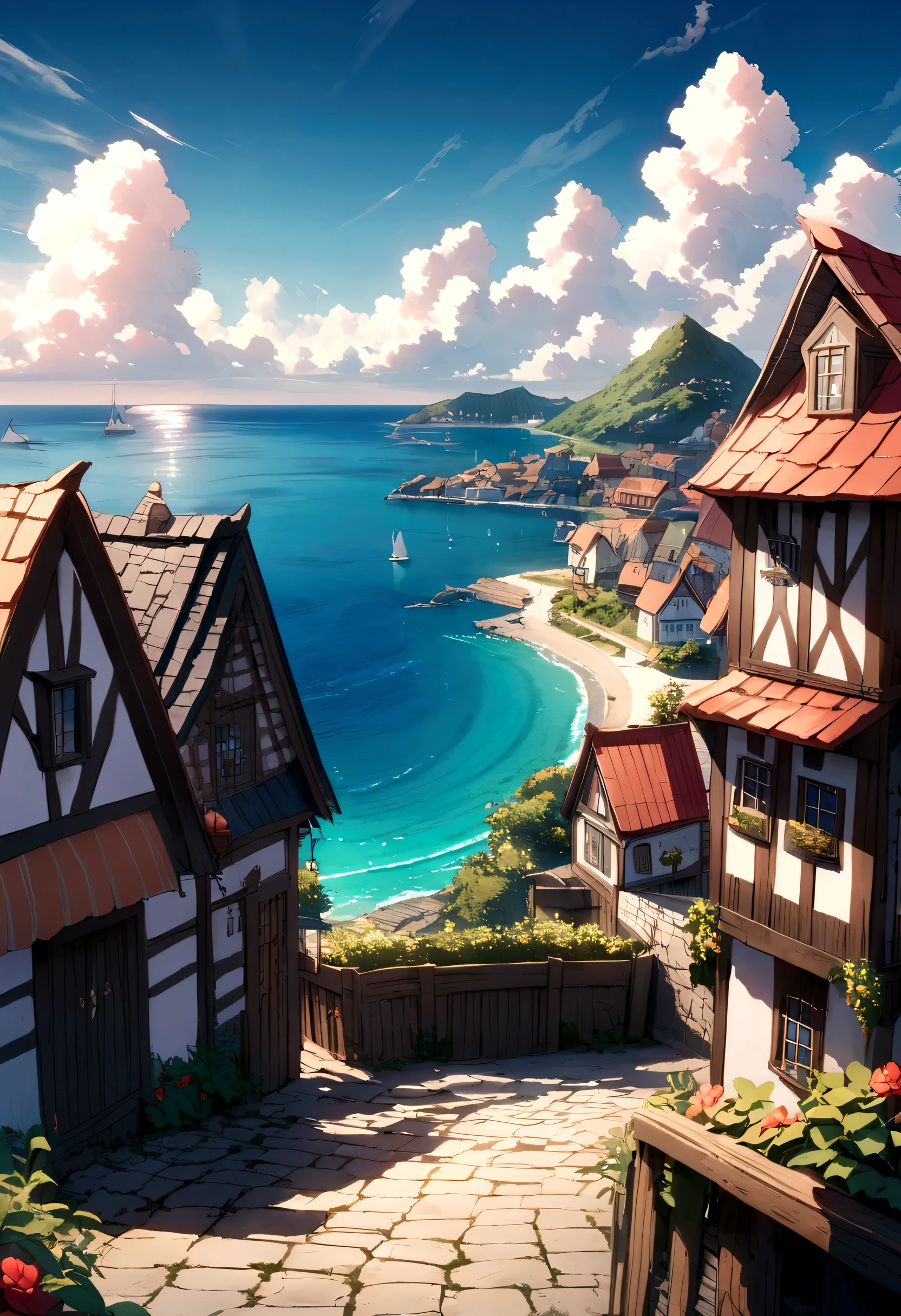 Small Town,Idyllic,Slope overlooking the sea