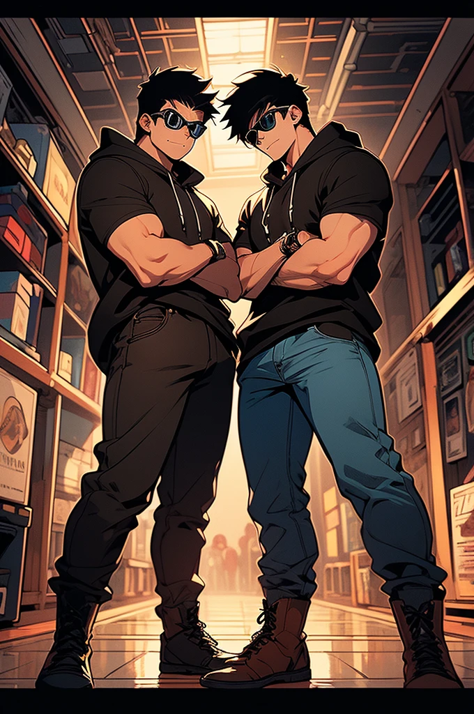 spider verse comic panel, emo boy, black shoulder length emo hair, brown almond eyes, olive skin tone, biggish nose, skinny, black skull hoodie, Tripp pants. with boy, short black hair up to eyebrows, glasses, hazel eyes, chubby, pale, grey sweatshirt, cargo pants
