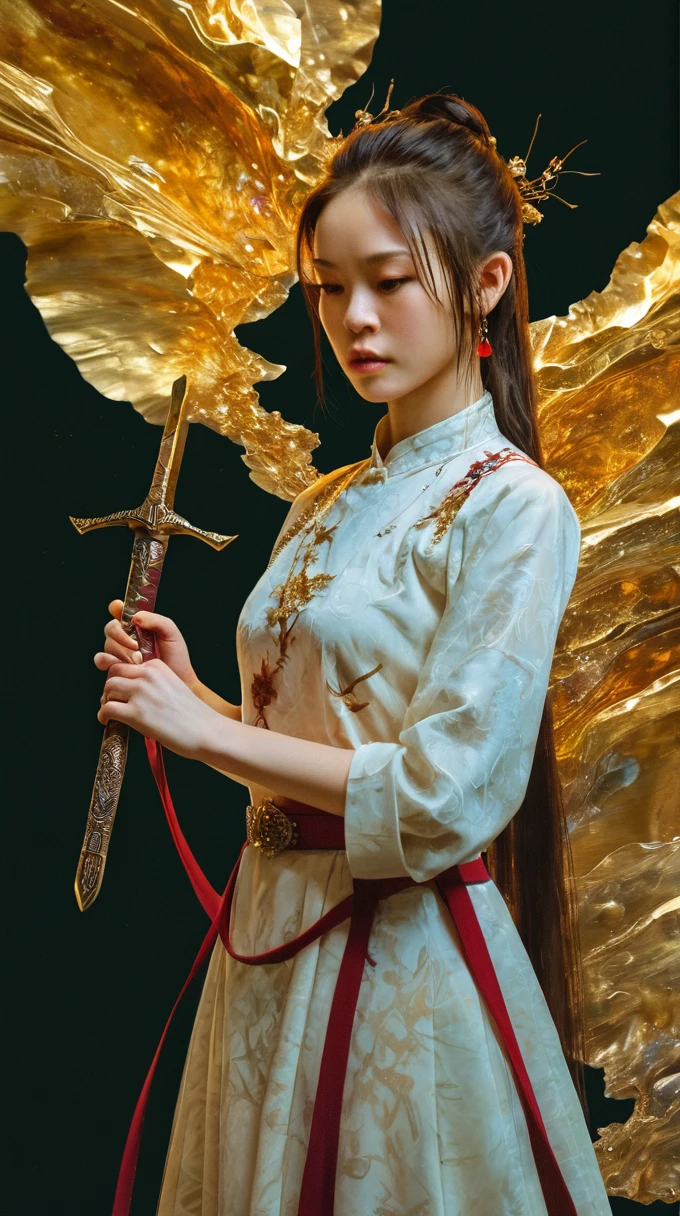 Ultra-high resolution,(((masterpiece))),(((best quality))),((Super detailed)),((extremely delicate and beautiful)),Cinematic light,Detailed environment,(true),(1 girl, alone, Male focus:1.3),(Holding a sword:1.2),(dark red and light gold:1.3),(Hair combed back, flowing hair:1.1),Designed by Greg Manches,smokes,a model woman,Bright Eyes,glossy lips,Futuristic gold face war paint,Art site hot search,phototrue,Eight thousand,Acetate rendering，author：greg rutkowski,Artwork by Carne Griffiths and Wadim Kashin,Dau-al-Set style,Pollock,Inspired by MAPPA and Zdzislaw Beksinski,Hanfu,