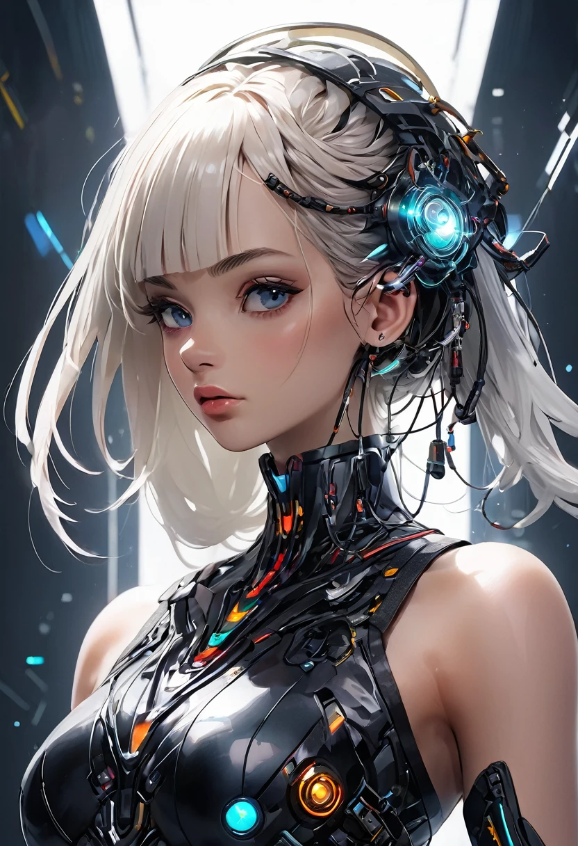 masterpiece, best quality, 1girl, white hair, adult, fully mature, surronding by cable and wire , broken parts , apocalypse . girl half android , anime , (best quality, highres:1.2), ultra-detailed, realistic, concept artist, portrait, vivid colors, studio lighting, laser lights, technology, futuristic, 3D rendering, electric glow, biomechanical, extravagant makeup, cyberpunk aesthetic, sparkling jewels, glowing tattoos, cybernetic enhancements, high-tech fashion, reflective surfaces, bionic limbs, advanced robotics, digital art, dystopian, post-apocalyptic, striking contrast, dynamic composition, immersive environment, sci-fi ambiance, colorful holograms, dark background, ethereal aura, translucent elements, neon grids, mind-blowing details, perfect symmetry, ornate accessories, glamorous diva, unconventional beauty, controlled chaos, mesmerizing gaze, alluring posture, confident presence, technological marvels, unique and enchanting.