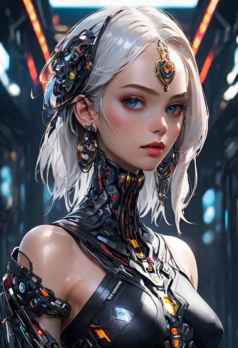 masterpiece, best quality, 1girl, white hair, adult, fully mature, surronding by cable and wire , broken parts , apocalypse . girl half android , anime , (best quality, highres:1.2), ultra-detailed, realistic, concept artist, portrait, vivid colors, studio lighting, laser lights, technology, futuristic, 3D rendering, electric glow, biomechanical, extravagant makeup, cyberpunk aesthetic, sparkling jewels, glowing tattoos, cybernetic enhancements, high-tech fashion, reflective surfaces, bionic limbs, advanced robotics, digital art, dystopian, post-apocalyptic, striking contrast, dynamic composition, immersive environment, sci-fi ambiance, colorful holograms, dark background, ethereal aura, translucent elements, neon grids, mind-blowing details, perfect symmetry, ornate accessories, glamorous diva, unconventional beauty, controlled chaos, mesmerizing gaze, alluring posture, confident presence, technological marvels, unique and enchanting.