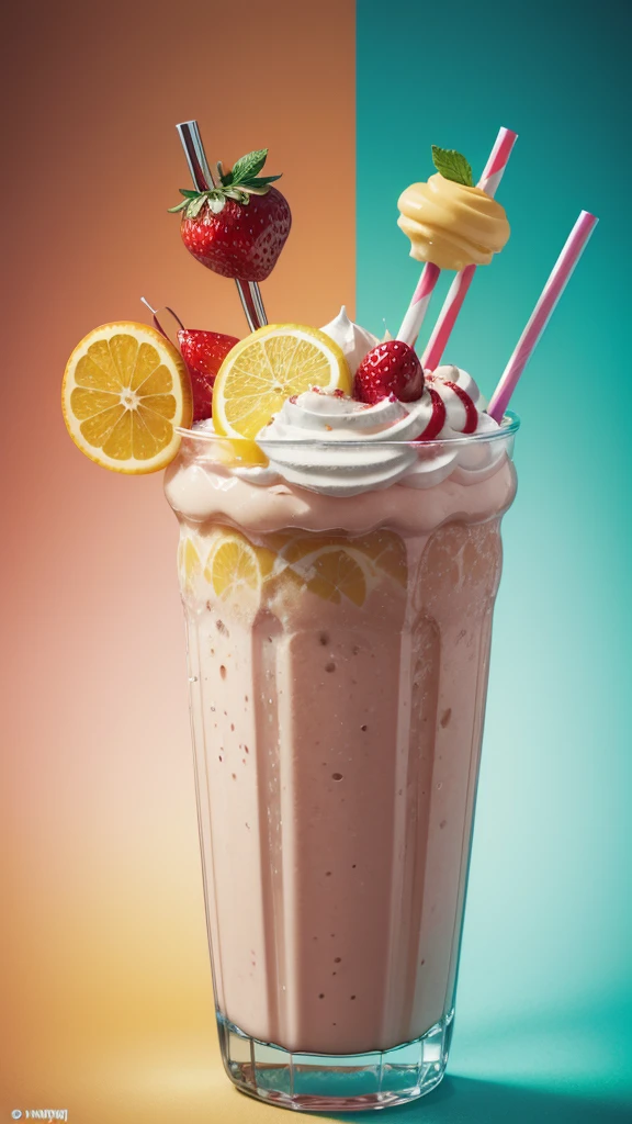 milkshake ice, vintage soda ICE splesh and mint and strawberries, cherries, crazy sliced caramels with gradient background of playmobil characters and giant logos wars and flags, lots of cool faces and powerful chrome metal details, sliced oranges and lemons hyper details Realistic neon liquid splendor highlighting the word """THIRSTFORDRINKS""" in superior 4k neon resolution