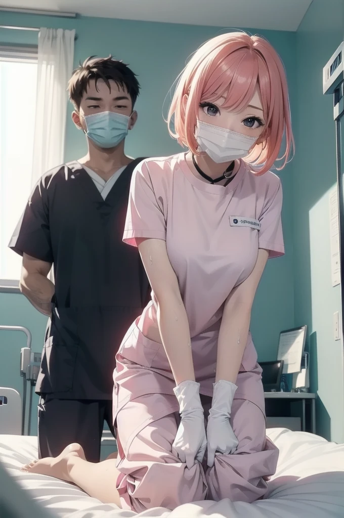 Beautiful young woman, Anime Style, Detailed face, Redhead, Wet Hair, Big eyes, pinkの目, Delicate features,One Girl, alone, nurse, pink, White gloves, Very short hair, Orange Hair, ((White surgical mask, Covered Nose)),Lying in bed, ((Hospital room)), Sharp contours, Short sleeve, Tomboy, boyish, Highest quality, masterpiece、No hat、erotic、sexy、Masturbation、pants、pinkローター、barefoot、Thighs、Nice face、Embarrassed face、Hospital roomのベッド、Half naked、Adult goods、Adult Toys、Are sleeping:1.5
