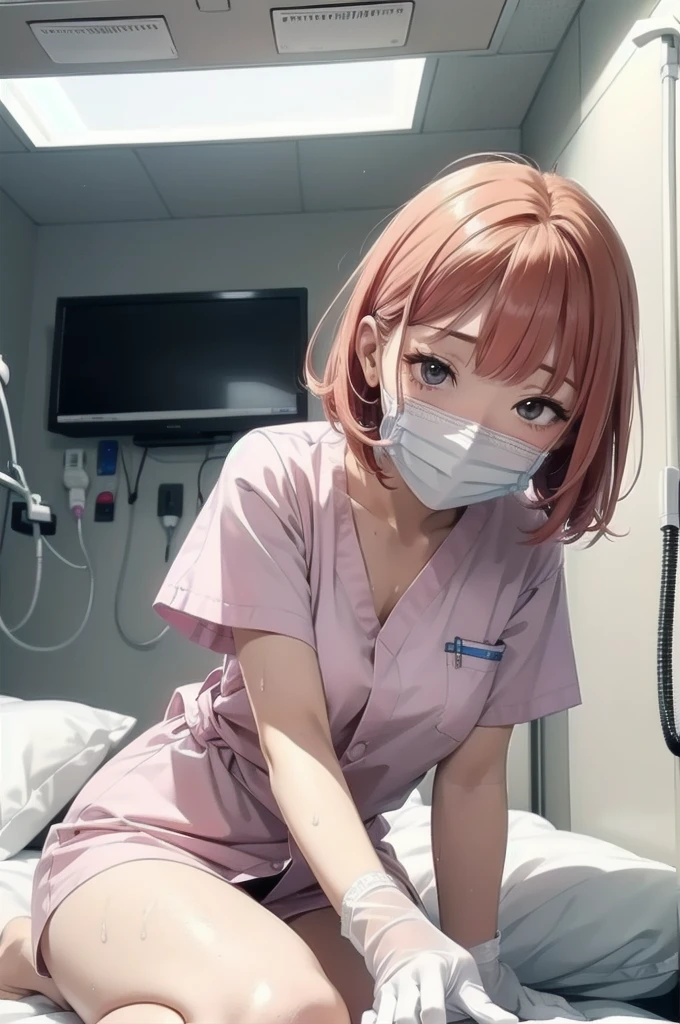 Beautiful young woman, Anime Style, Detailed face, Redhead, Wet Hair, Big eyes, pinkの目, Delicate features,One Girl, alone, nurse, pink, White gloves, Very short hair, Orange Hair, ((White surgical mask, Covered Nose)),Lying in bed, ((Hospital room)), Sharp contours, Short sleeve, Tomboy, boyish, Highest quality, masterpiece、No hat、erotic、sexy、Masturbation、pants、pinkローター、barefoot、Thighs、Place a pillow between your legs、Nice face、Embarrassed face、Hospital roomのベッド、Half naked、Adult goods、Adult Toys、Are sleeping、Pillow between legs