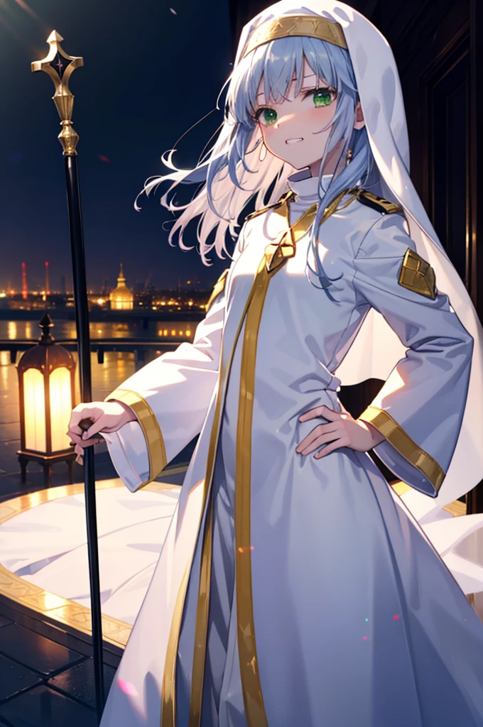 index, index, (Green Eyes:1.5), Silver Hair, Long Hair, (Flat Chest:1.2),Grin,
break habit, Long sleeve, Nuns, Robe, white Robe, Wide sleeves,Long skirt,boots,Put your right hand on your hip,In his left hand he holds a long sacred staff,whole bodyがイラストに入るように,
break looking at viewer, whole body,
break indoors, church,
break (masterpiece:1.2), Highest quality, High resolution, unity 8k wallpaper, (figure:0.8), (Beautiful attention to detail:1.6), Highly detailed face, Perfect lighting, Highly detailed CG, (Perfect hands, Perfect Anatomy),