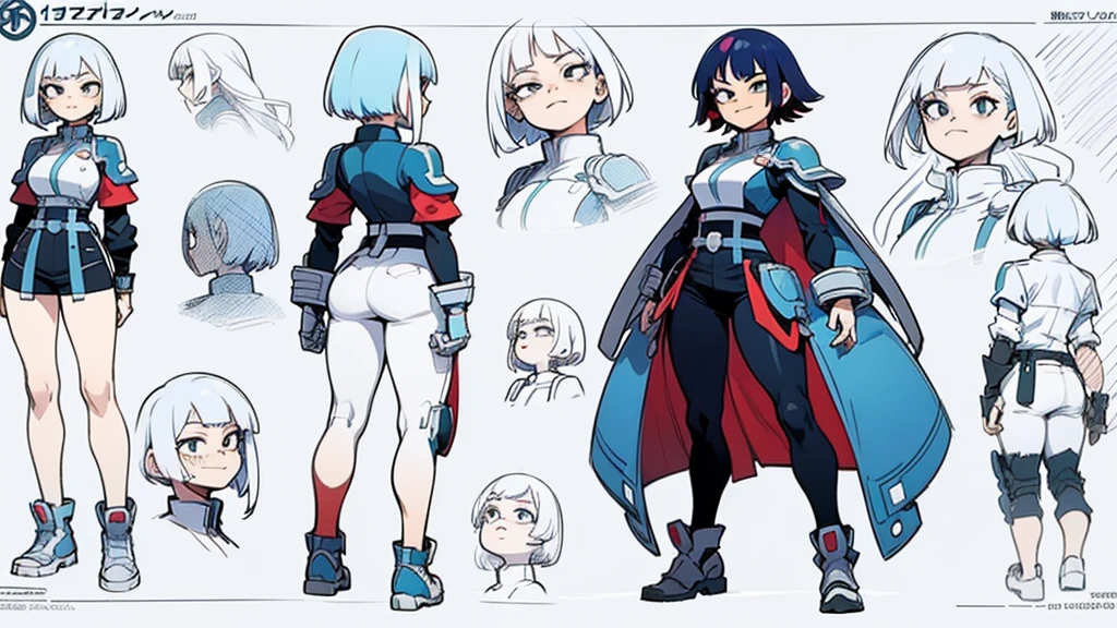 (My Hero academia style), ((Miko Kubota)), (Glitch Tecs), 1girl, female, ((tomboy)), High-tech armor, tight armor, wide hips, wide thighs, medium sized breasts, wicked smile, evil look, blue lightning around, blue lightning, (Full body photo:1.5), (High resolution)), ((concept art of character)), ((Character Design Sheet)), (Same role), (frontage), (Lateral face), (on back), ((three sided view)), ((multiple views)), 