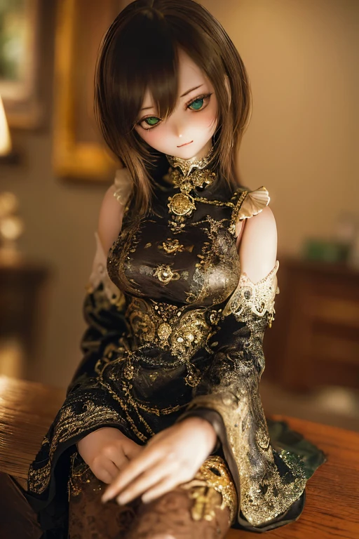 photorealistic, realistic photo, ((highest quality)), ((masterpiece)), (extremely detailed), kukolnydom, doll, (mature woman:1.6), solo, ((cowboy shot)), sitting on desk, arms on sides, green eyes, (looking down, blank eyes, empty eyes, detailed eyes:1.3), light smile, dress, museum, 8k
