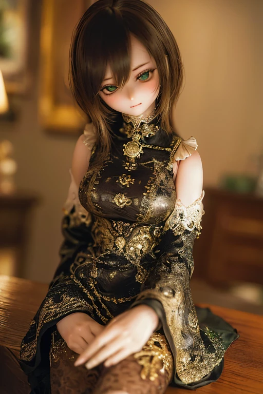 photorealistic, realistic photo, ((highest quality)), ((masterpiece)), (extremely detailed), kukolnydom, doll, (mature woman:1.6), solo, ((cowboy shot)), sitting on desk, arms on sides, green eyes, (looking down, blank eyes, empty eyes, detailed eyes:1.3), light smile, dress, museum, 8k