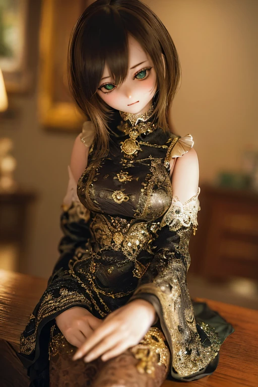 photorealistic, realistic photo, ((highest quality)), ((masterpiece)), (extremely detailed), kukolnydom, doll, (mature woman:1.6), solo, ((cowboy shot)), sitting on desk, arms on sides, green eyes, (looking down, blank eyes, empty eyes, detailed eyes:1.3), light smile, dress, museum, 8k