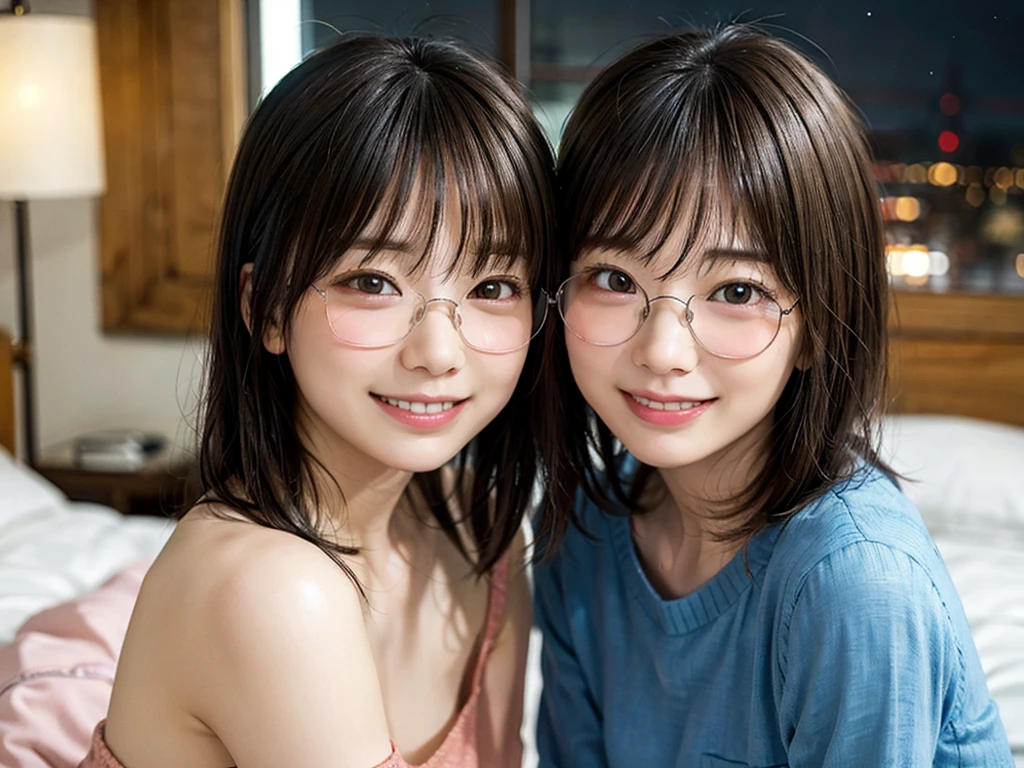 Japan girl in casual clothes in hotel room at night、looking at the viewers、(top-quality、masterpiece)))、hight resolution、ighly detailed、masterpiece、Movie Lighting、(8K、top-quality、masterpiece:1.2)、(realisitic、Photorealsitic:1.37) Hi-Res、The ultra-detailed、Woman with glasses、Thin frame round glasses、Light colored glasses frames、asian human, cute little, cute face, solo, Short hair 1.2, Textured skin, beautiful smiling face, Beautiful detailed night sky, Detailed night view, Movie Lighting, depth of fields, Lens flare light、Sitting in bed、Dating、(blush nose)、(A smile:1.15)、(Mouth closed)tiny chest、beautiful finely detailed eyes、(Sweaters:1.1)、natta、(shorth hair:1.2)、Floating hair Nova frog style、