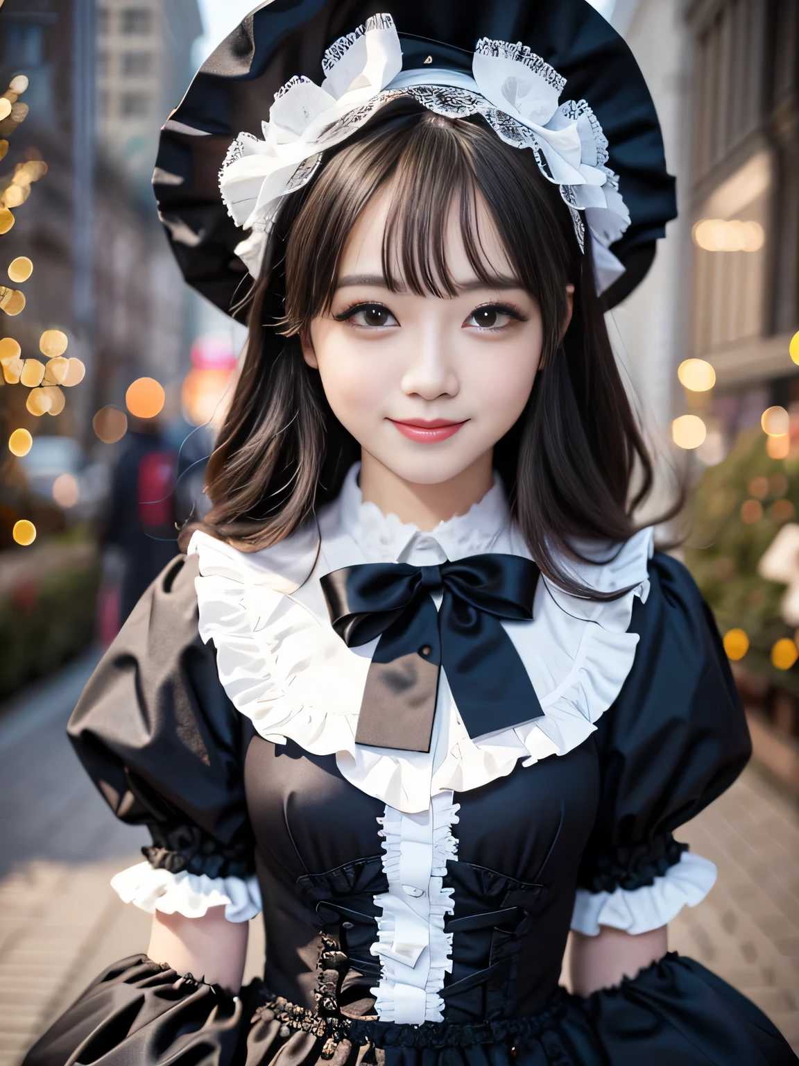 Full Body Shot、Thighs、(Realistic, photo-Realistic:1.37), Incredibly absurd, (Very detailed:1.3), 8K, (masterpiece), (Highest quality:1.4), (Ultra-high resolution:1.2), (RAW Photos:1.2), Very detailed background, (unity 8k wallpaper), 1 nogizaka girl, very cute, bishojo, 15 years, (Gothic Lolita Fashion), Exquisitely drawn beautiful faces, eyes and skin, Detailed black shiny hair, Elegant frills, Frilled tie, Ribbon tie, Rose Hair Accessories, Delicate lace dress, soft fabric, Beautiful rose pattern, Smiling for the camera, Cowboy Shot, Cityscape, Professional Lighting