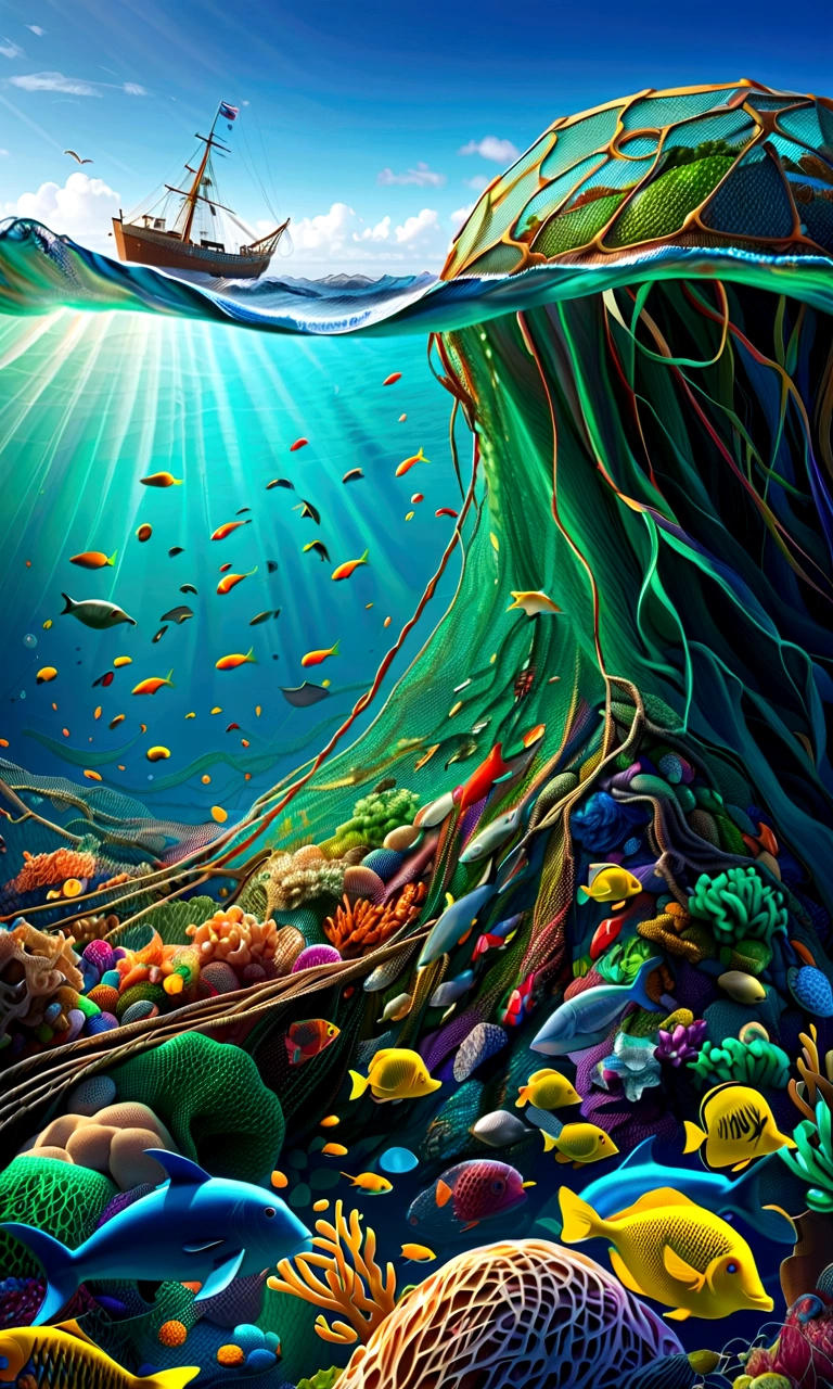 a detailed creative illustration of a giant fishing net filled with ocean trash, environmental conservation, underwater ocean scene, detailed 3D rendering, highly detailed, intricate details, cinematic lighting, photorealistic, 8k, best quality, masterpiece, vibrant colors, dramatic lighting, cinematic composition, plastic pollution, ocean conservation, environmental awareness