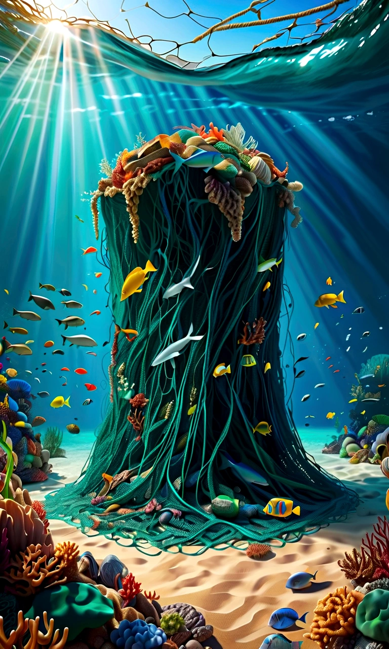 a detailed creative illustration of a giant fishing net filled with ocean trash, environmental conservation, underwater ocean scene, detailed 3D rendering, highly detailed, intricate details, cinematic lighting, photorealistic, 8k, best quality, masterpiece, vibrant colors, dramatic lighting, cinematic composition, plastic pollution, ocean conservation, environmental awareness