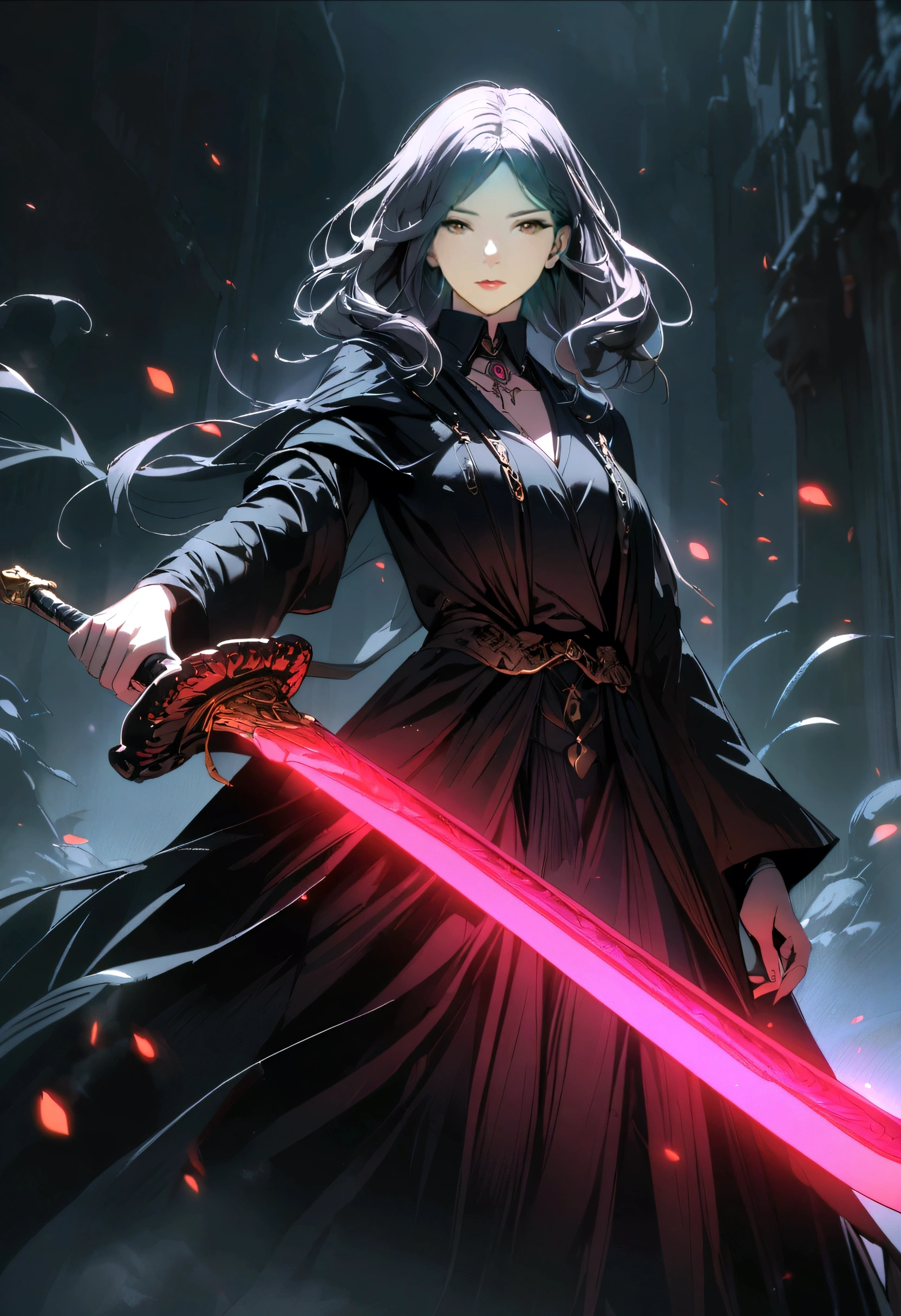 Black robe, mysterious woman, large sword