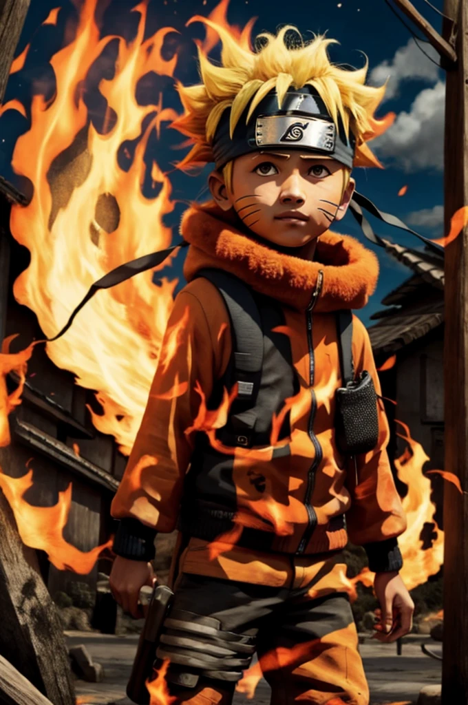 Naruto,1boy, black_background, fire, 9 fox tails,