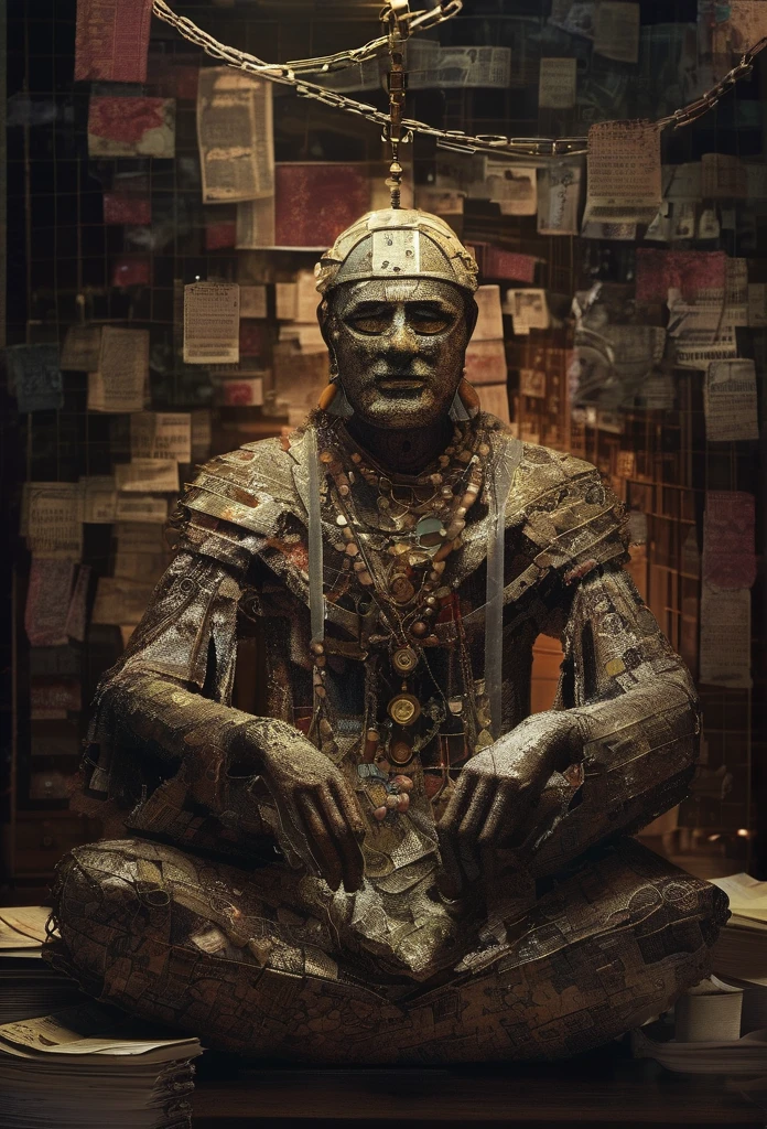 a chained spirit bound by chains made of banknotes and complex financial charts, the spirit looks weary and constrained, symbolizing financial hindrance, clocks frozen on late hours floating around him, outdated calendars marked with past due dates, unpaid debts weighing heavily on his shoulders, surreal, dark, muted colors, cinematic lighting, highly detailed, dramatic, digital art