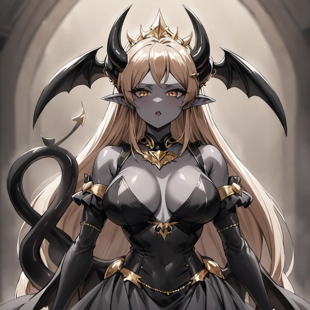 ((Highest quality)), ((masterpiece)), (detailed), (Perfect Face)、The woman is a sexy devil with jet black skin、The woman is a jet-black female demon posing with a gentle expression as she gazes into the camera with a cute, fawning mannerism like an idol. She has impressive devil horns, jet-black devil wings, and a jet-black tail. Her skin is jet-black and she is wearing a cute, black idol costume. She is the jet-black demon Princess Leona, with medium-long light brown hair, a demon in both body and mind, and the expression of a maiden in love.、The woman is the wife of a dignified and powerful demon king, her beloved husband.