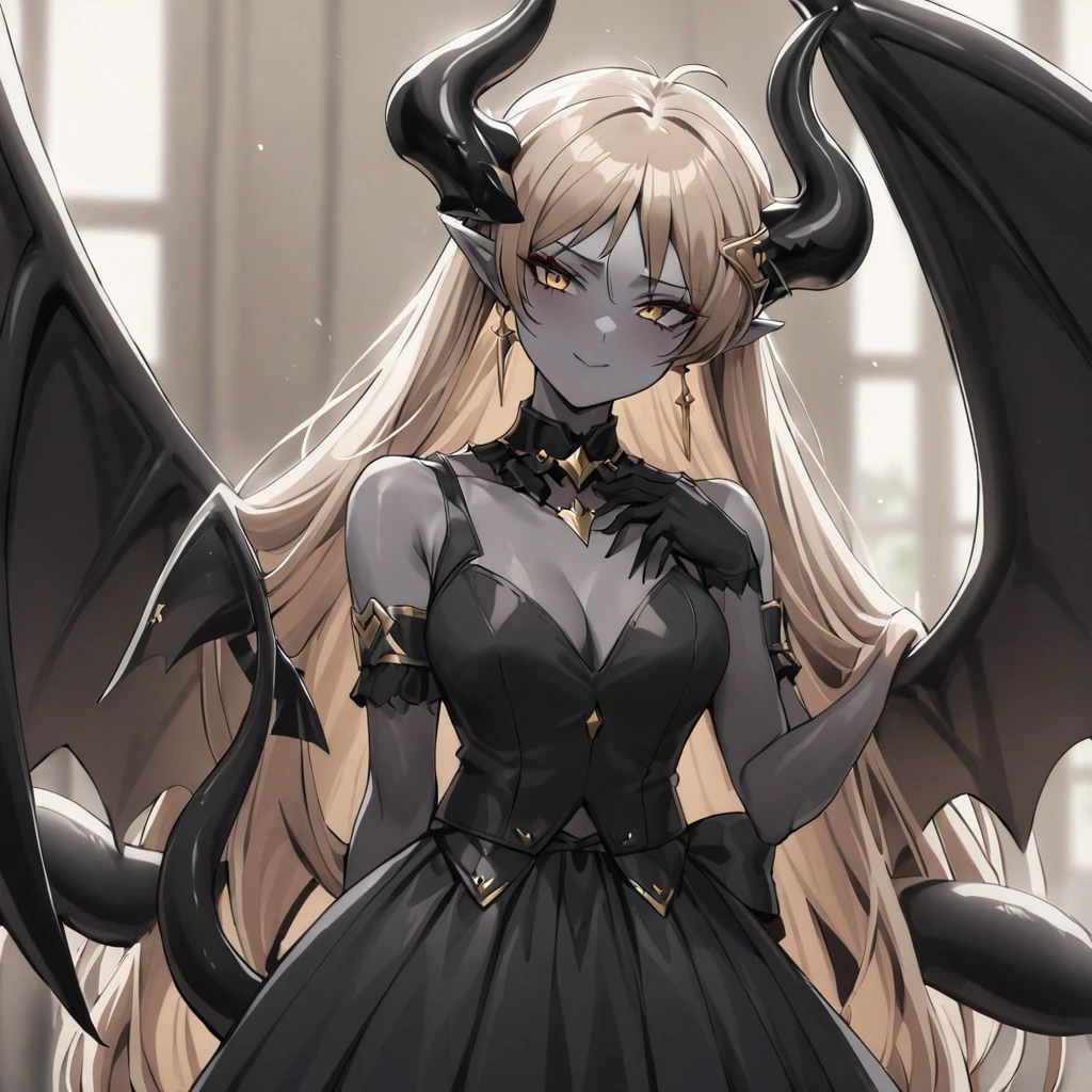 ((Highest quality)), ((masterpiece)), (detailed), （Perfect Face）、The woman is a sexy devil with jet black skin、The woman is a jet-black female demon posing with a gentle expression as she gazes into the camera with a cute, fawning mannerism like an idol. She has impressive devil horns, jet-black devil wings, and a jet-black tail. Her skin is jet-black and she is wearing a cute, black idol costume. She is the jet-black demon Princess Leona, with medium-long light brown hair, a demon in both body and mind, and the expression of a maiden in love.、The woman is the wife of a dignified and powerful demon king, her beloved husband.