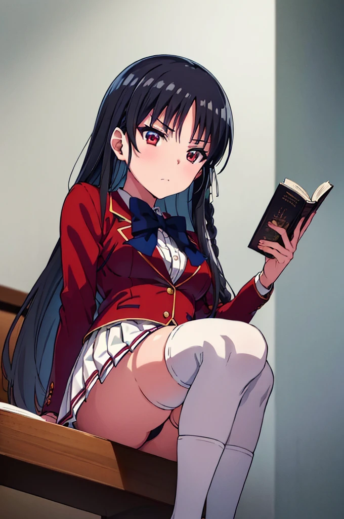(masterpiece, best quality:1.5), (ultra detailed:1.4), (super fine illustration:1.2), (perfect anatomy:1.5),
1girl,
Suzune Horikita,
Suzune Horikita \(youjitsu\),
long hair, braid,
black hair,
red eyes, slant eyes, small eyes,
blue bow,
(medium breasts:0.9),
(red jacket, pleated white skirt, black thigh-high socks:1.5),
looking at viewer, shoot from front, sitting, reading the book,
perfect light, background of indoor,