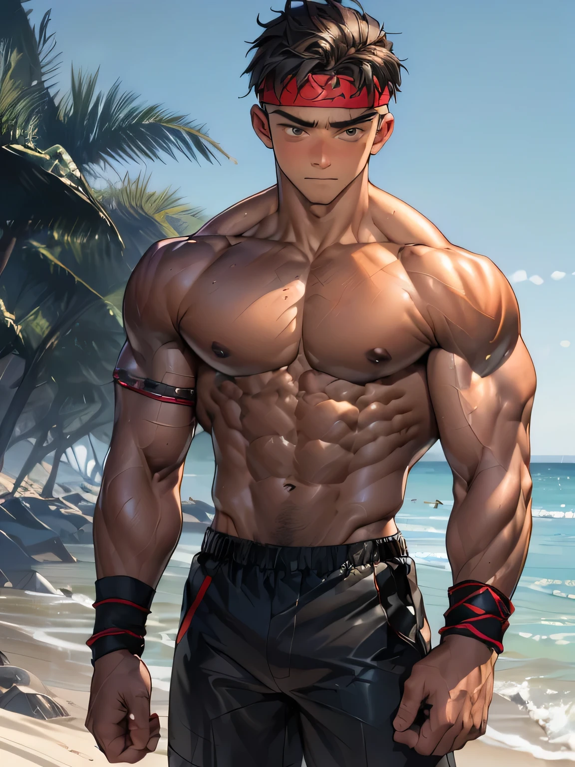 (Masterpiece, Best quality 18 year old boy, night background, looking away, standing front), ((((solo)))), Young, boy, muscler, Shirtless, topless, (Dark Short straight hair, ((almost completely shaved hair)), under cut, brown eyes), (red headband, ((leather fingerless grobe, black wristband))), ((hot Abs:1.2, big breast:1.2, upper arms, ((beautiful skin, jacked muscle, beautiful musculature, aesthetic striations, inspirational physique, lean muscle, beautiful v-taper, great abs and torso, chiseled abs, chiseled pecs, with his jet black military haircut and voluminous neck)))), Vivid colors, detailed face, detailed muscle, (((rippling muscles, struggle, combats, fighting, serious, ready to fight)))