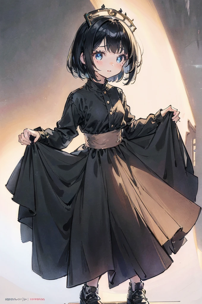1girl, cute young woman, full body portrait, standing pose, black dress, white background, soft lighting, high detail, anime style, vibrant colors, kawaii, big eyes, cheerful expression