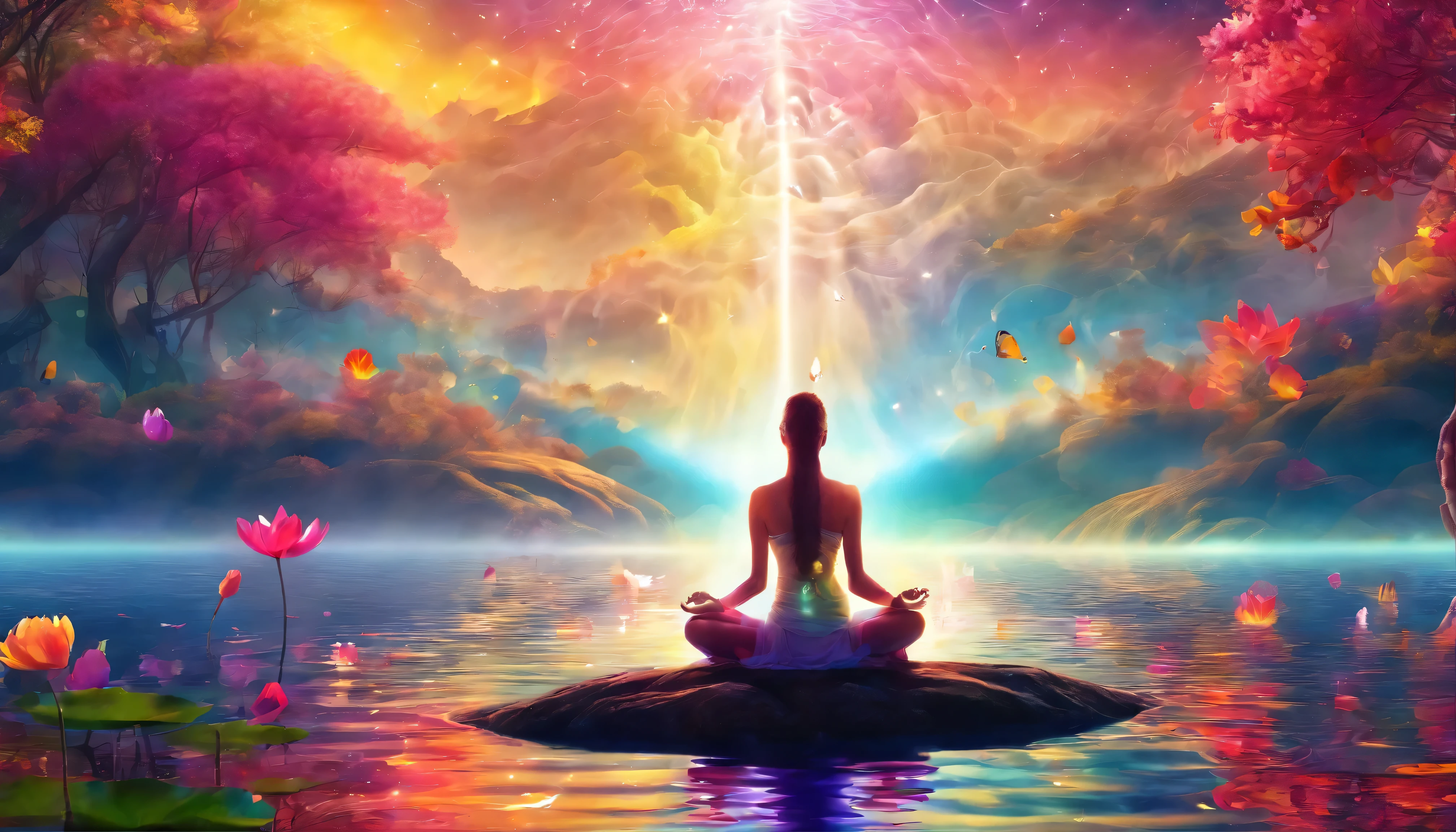 Yoga pose spectrum with seven surrounding chakras, Vibrant colors,Colorful colors, Beautiful woman in white sitting on water lily, Complex things around, Intricate background, Spirit, Holy, Like a dream, universe, Shocking, God, Pineal gland, Like a dream, (Extremely detailed CG unity 16k wallpaper:1.1), (Denoising Strength: 1.45), (masterpiece:1.37), Surrealism, God rays, Ray Tracing, Ultra HD, The award-winning