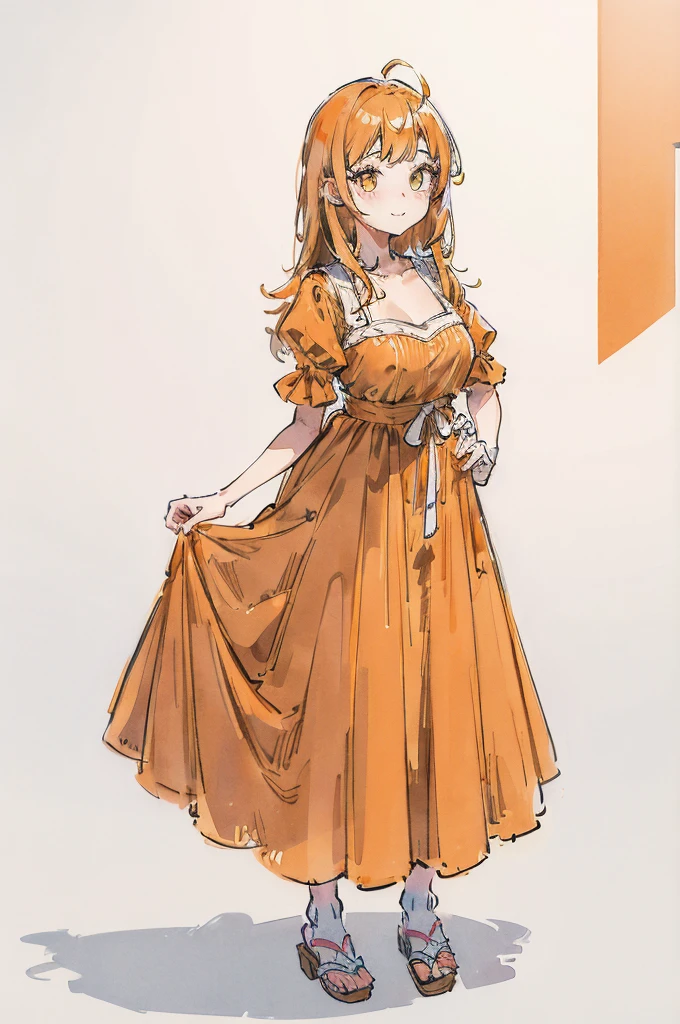 1girl, cute young woman, full body portrait, standing pose, orange dress, white background, soft lighting, high detail, anime style, vibrant colors, kawaii, big eyes, cheerful expression
