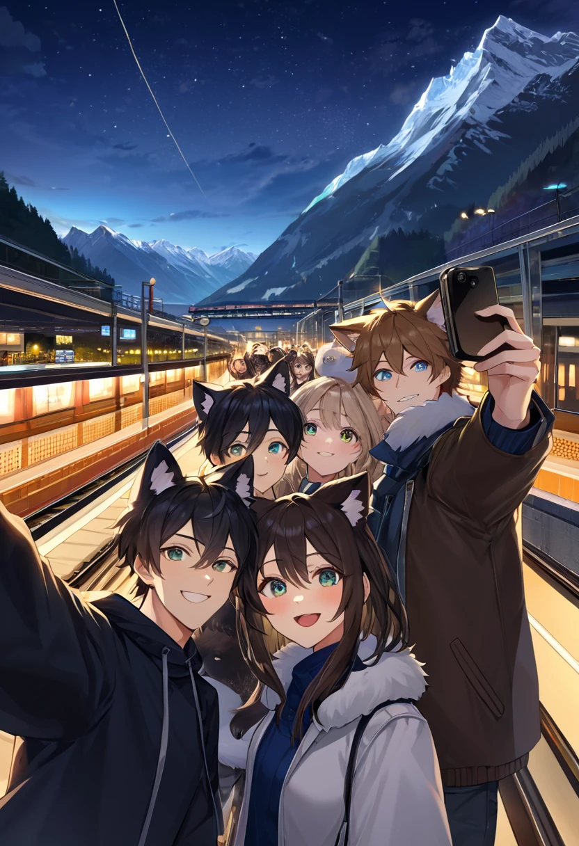 top quality, best quality, High-quality illustrations, masterpiece, super high resolution, detailed background, detailed background, Mountain railways in Switzerland, group shot, boys, girls, night sky, absurdres(highly detailed beautiful face and eyes)perfect anatomy(Photo of family trip)(kemono, furry anthro)selfie,