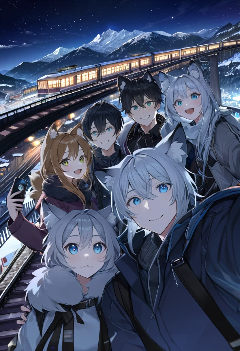 top quality, best quality, High-quality illustrations, masterpiece, super high resolution, detailed background, detailed background, Mountain railways in Switzerland, group shot, boys, girls, night sky, absurdres(highly detailed beautiful face and eyes)perfect ???????(Photo of family trip)(kemono, furry anthro)selfie,