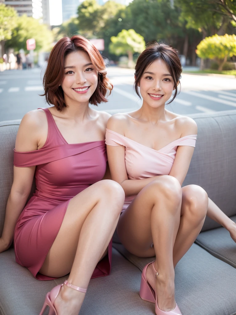 最high quality, 8K, Masseter area, Energetic, Clear focus, high quality, high resolution, Delicate face, Fine particles, thick lips, (Looking at the audience), Solitary, Beautiful woman, 38 years old, Plum, Black short hair,  (Pink one shoulder dress:1.5), afternoon、In front of the park garden,（Sitting on a bench：1.5）、((Smile:1.5))、((Wearing black high heels))